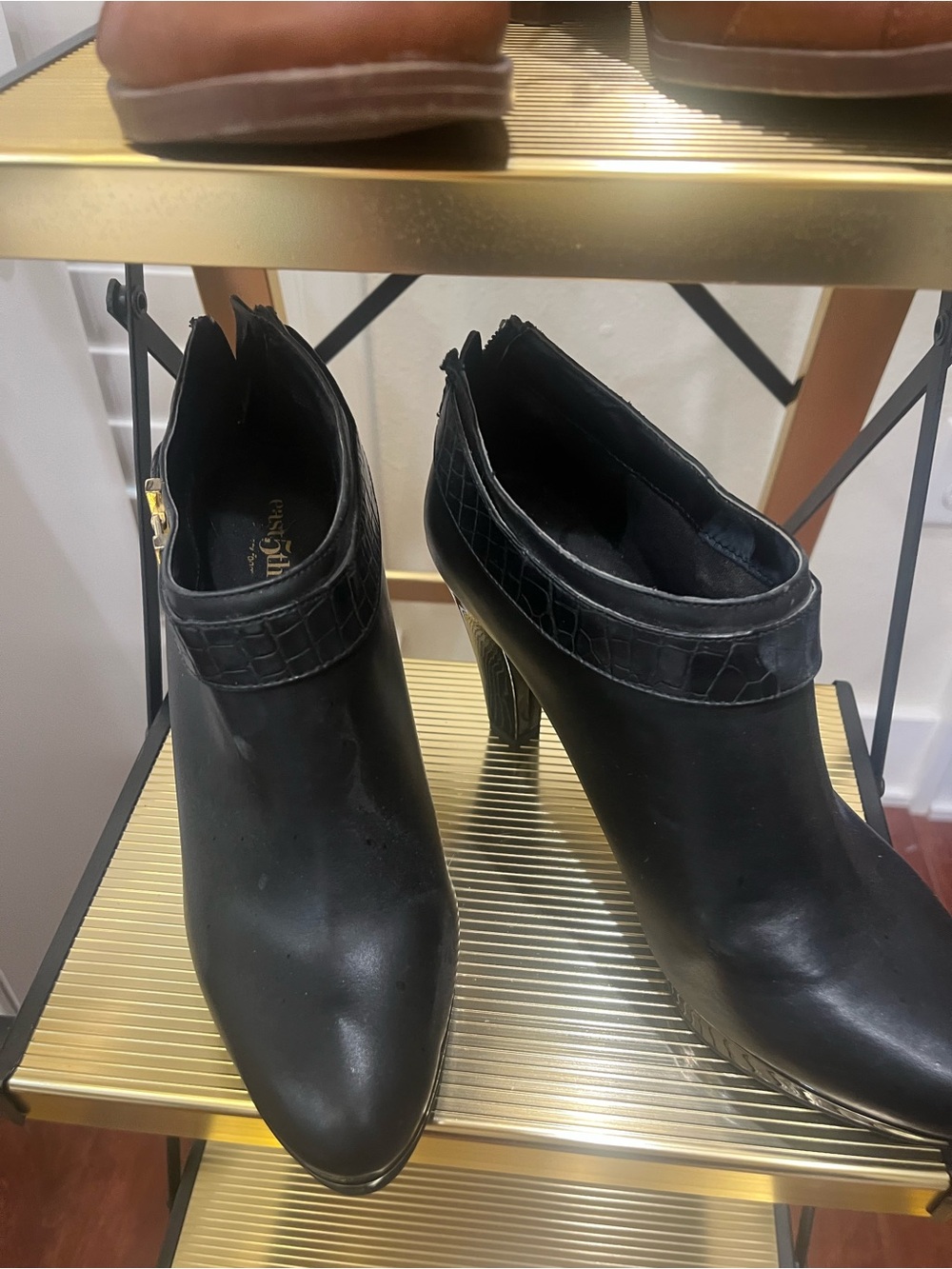 East 5th Black Croc-Trim Ankle Booties